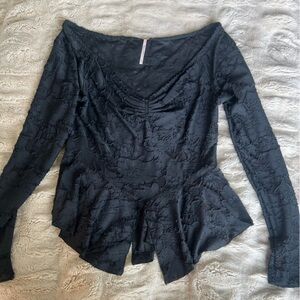 Free People Black Long-Sleeve Lace Peplum Top